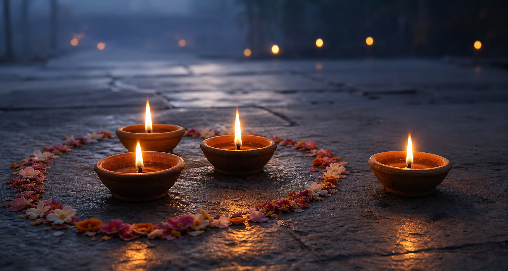Three lit clay lamps stand within a flower-petal boundary while a fourth glowing lamp and more distant lights remain visible beyond it.