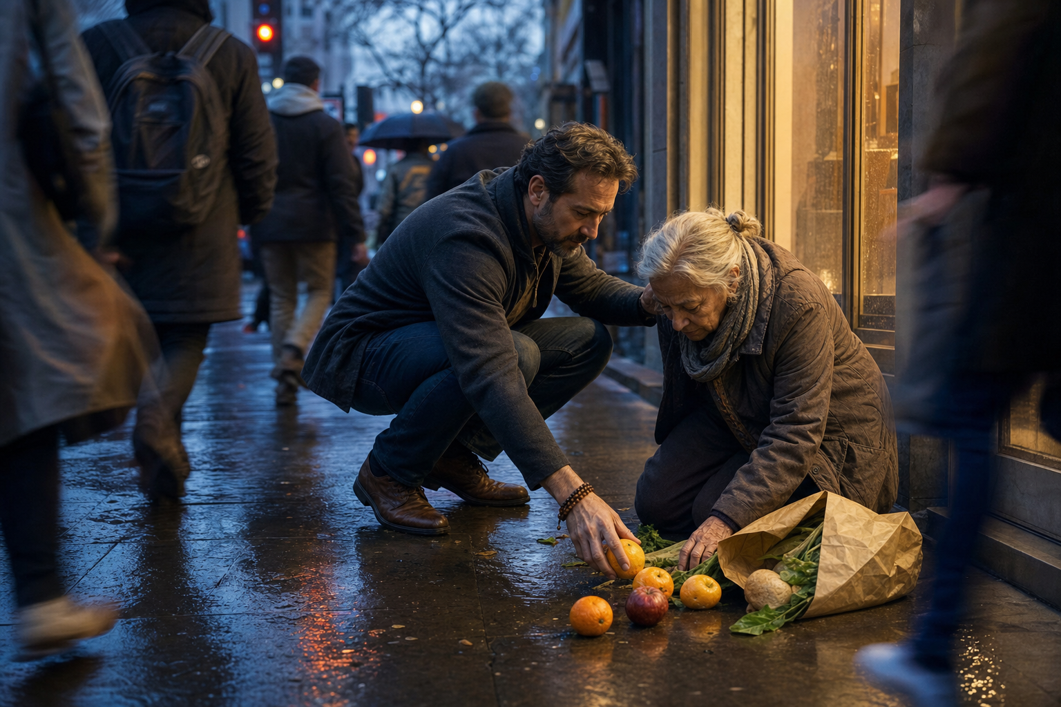A person stops on a rain-wet city street to steady an older pedestrian and collect groceries while other commuters hurry past.
