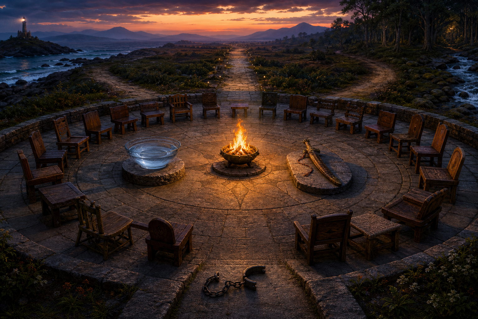 A circular stone courtyard holds a reflective water bowl, a sheathed sword, a ring of varied wooden seats, a central flame, and an opened iron shackle at the entrance.