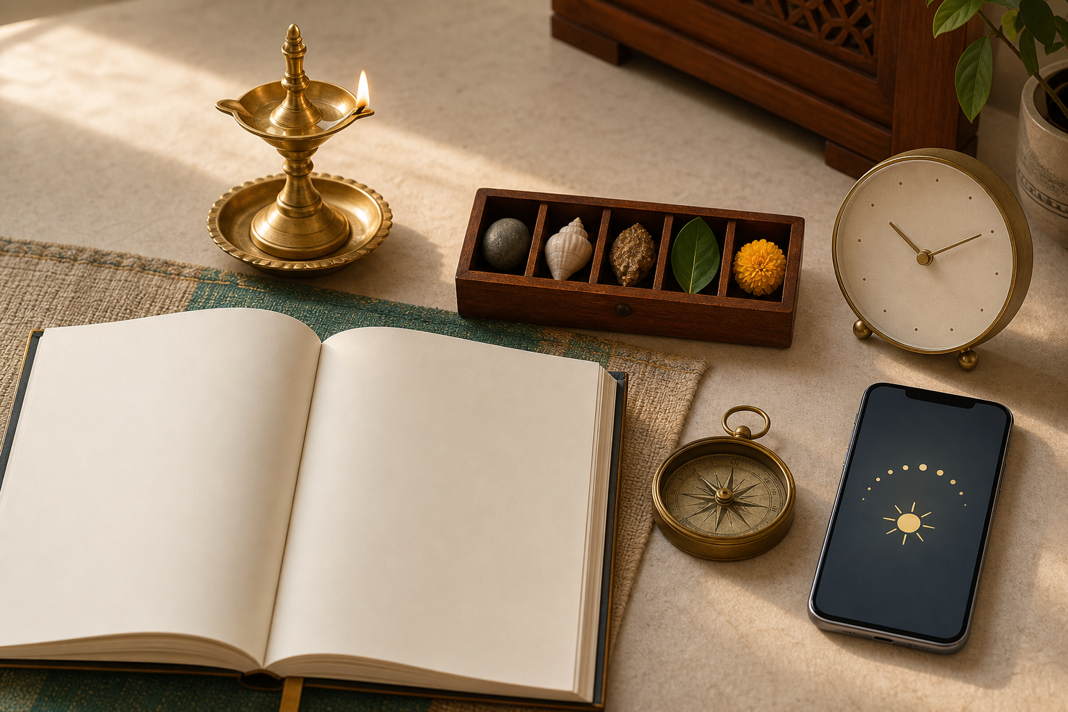 An open planner, brass lamp, five symbolic tokens, clock, compass, and smartphone arranged on an Indian family planning table.