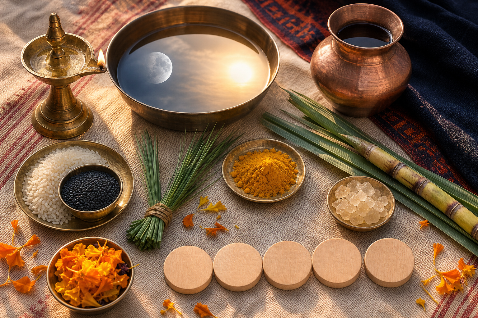 Brass lamp, copper vessel, rice, sesame, sacred grass, sugarcane leaves, marigold petals, and five wooden tokens arranged beside a bowl reflecting moonlight and sunrise.