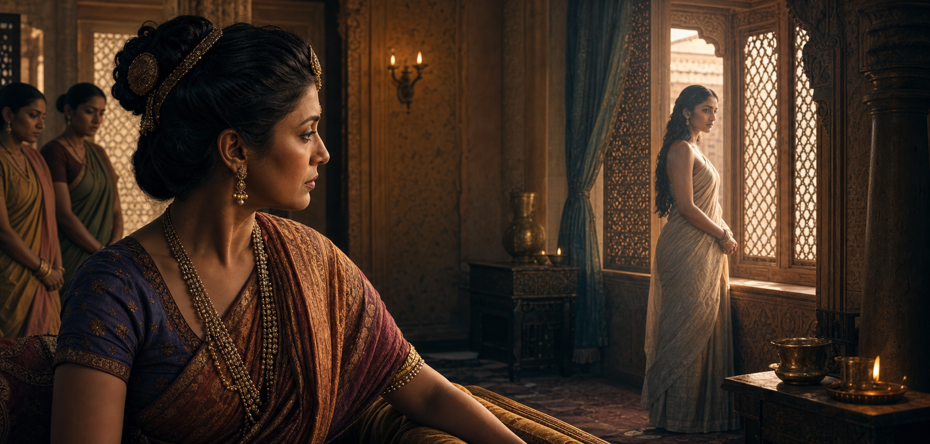 Queen Sudeshna watches the simply dressed Draupadi across a palace chamber with a concerned and questioning expression.