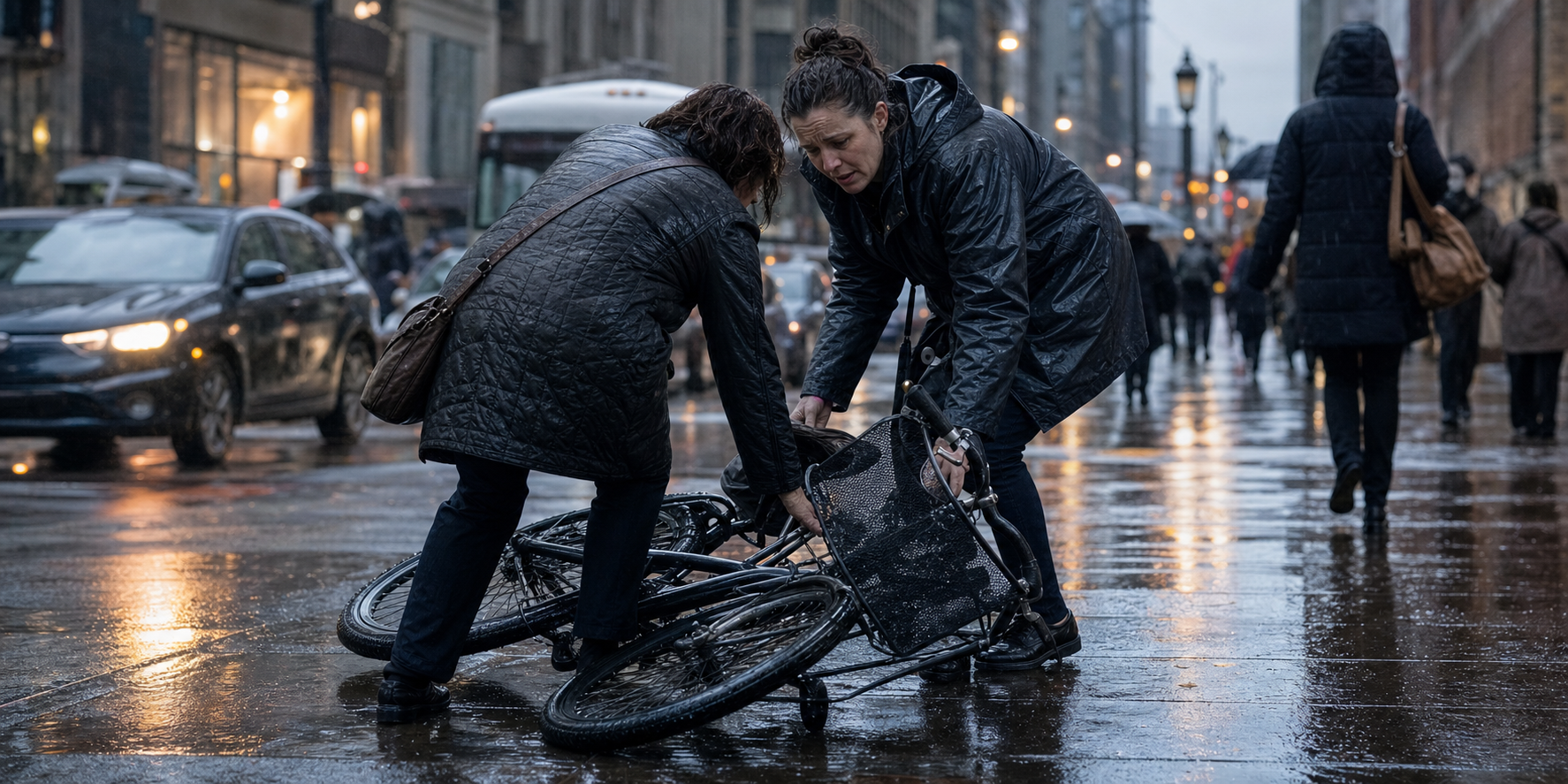 A worried-looking adult helps another person lift a fallen bicycle on a wet street during heavy rain.