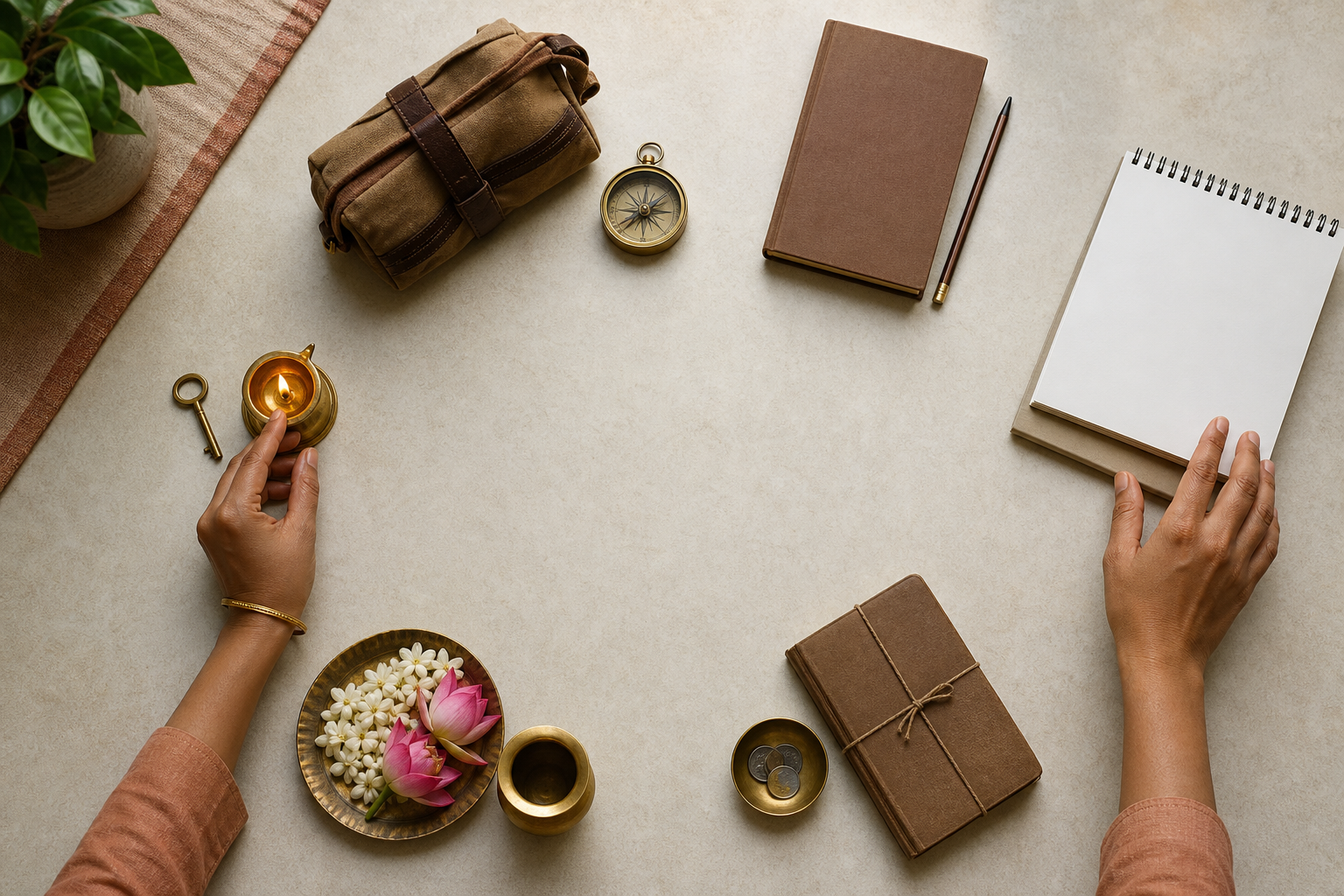 Hands select one of several symbolic arrangements for a house entry, journey, study beginning, business launch, or family ceremony.