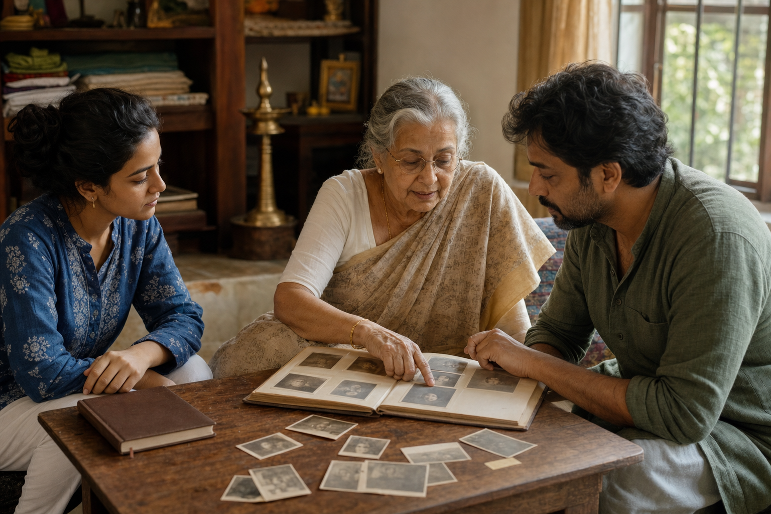 An older relative guides two younger family members as they look through an album and arrange unmarked ancestral photographs at a low table.