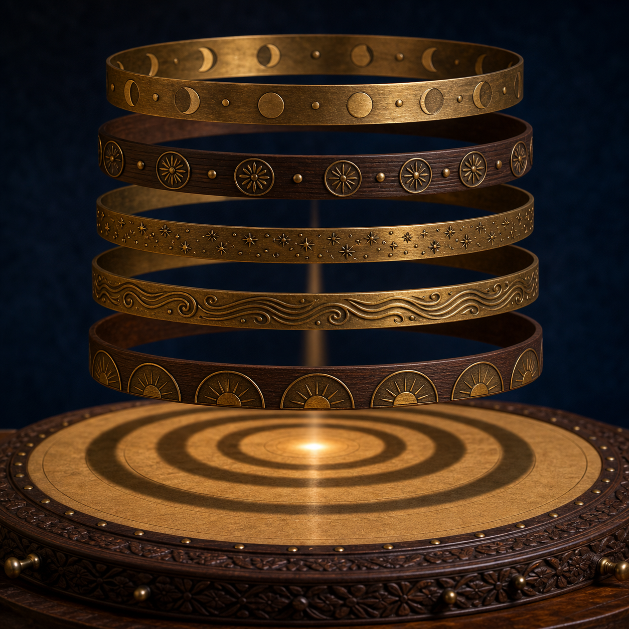 Five concentric brass and wood rings align to illuminate one narrow point on a circular planning surface.