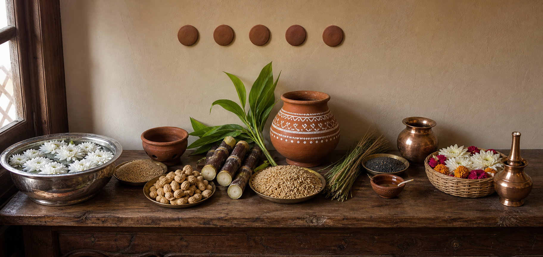Five groups of observance materials include white flowers, winter foods, harvest produce, ancestor-offering items, and a copper vessel for a sun-and-river offering.