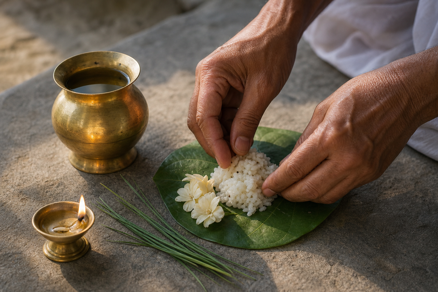 Hands prepare a modest rice offering beside a brass water vessel, an oil lamp, flowers, and sacred grass.