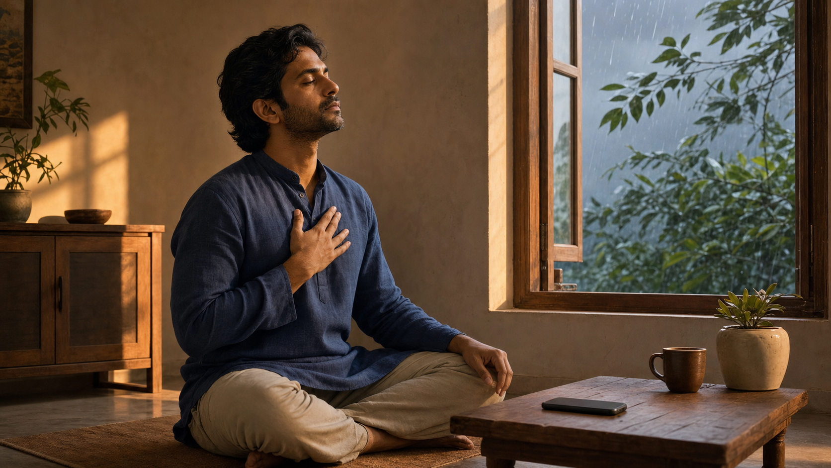An adult pauses beside an open window with one hand on their chest and a phone resting face down nearby as rain moves the leaves outside.