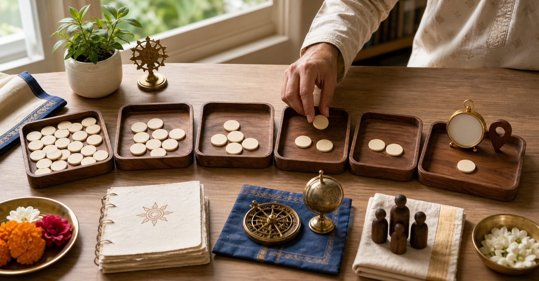 Six wooden trays progressively narrow a large group of date tokens to one token beside a clock and location marker.