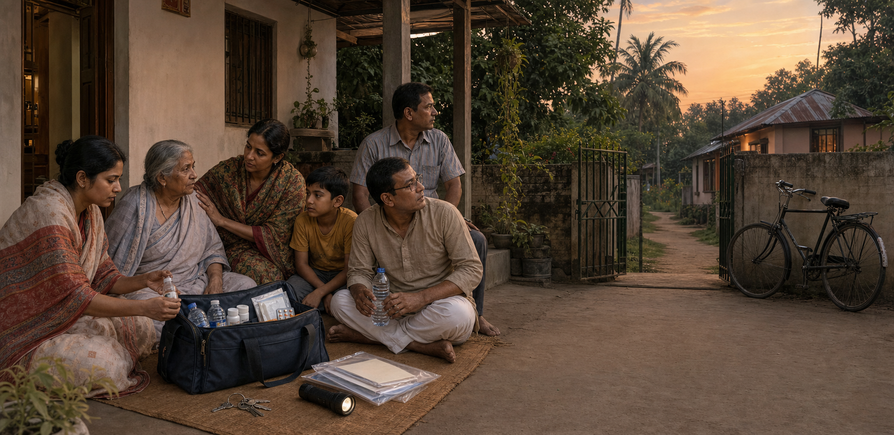A Hindu family and trusted neighbours prepare an emergency bag in the courtyard of a Bangladeshi home at dusk.