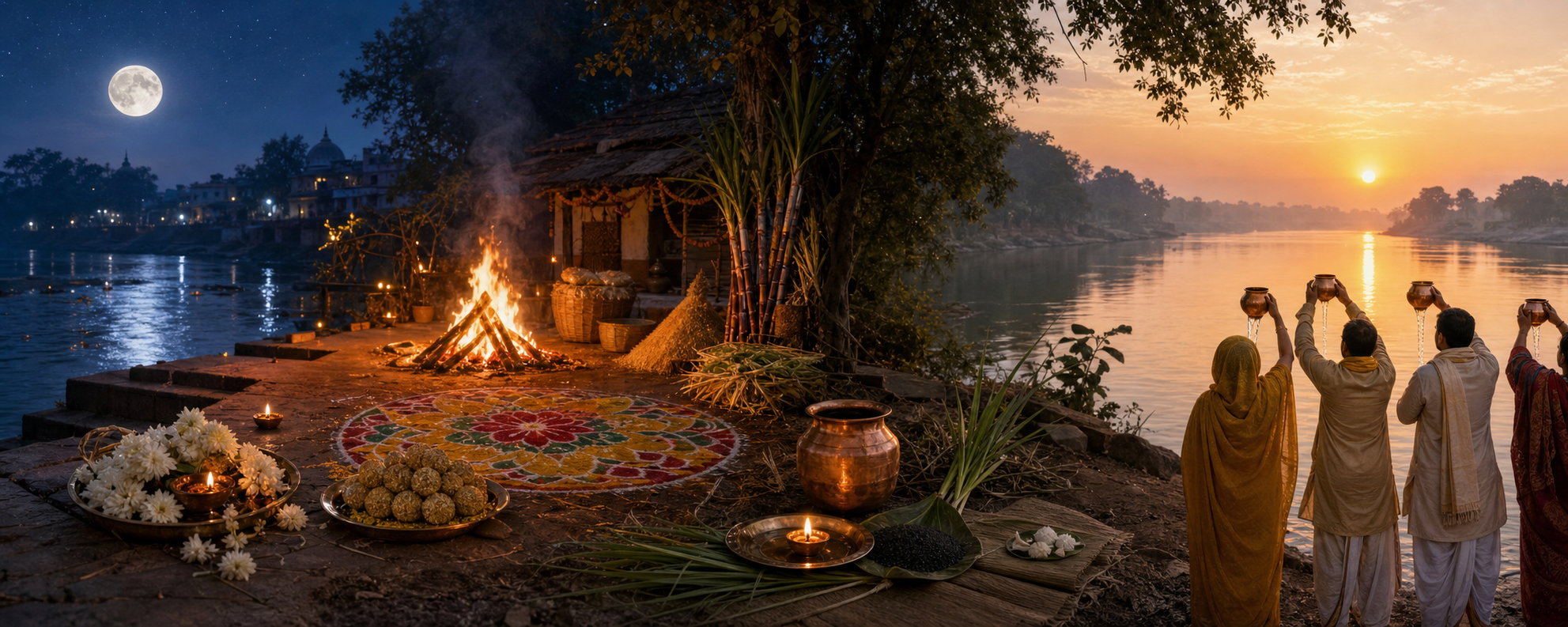 A continuous riverside panorama moves from a moonlit lamp offering to a winter harvest courtyard, ancestor-rite materials, and worshippers offering water at sunrise.