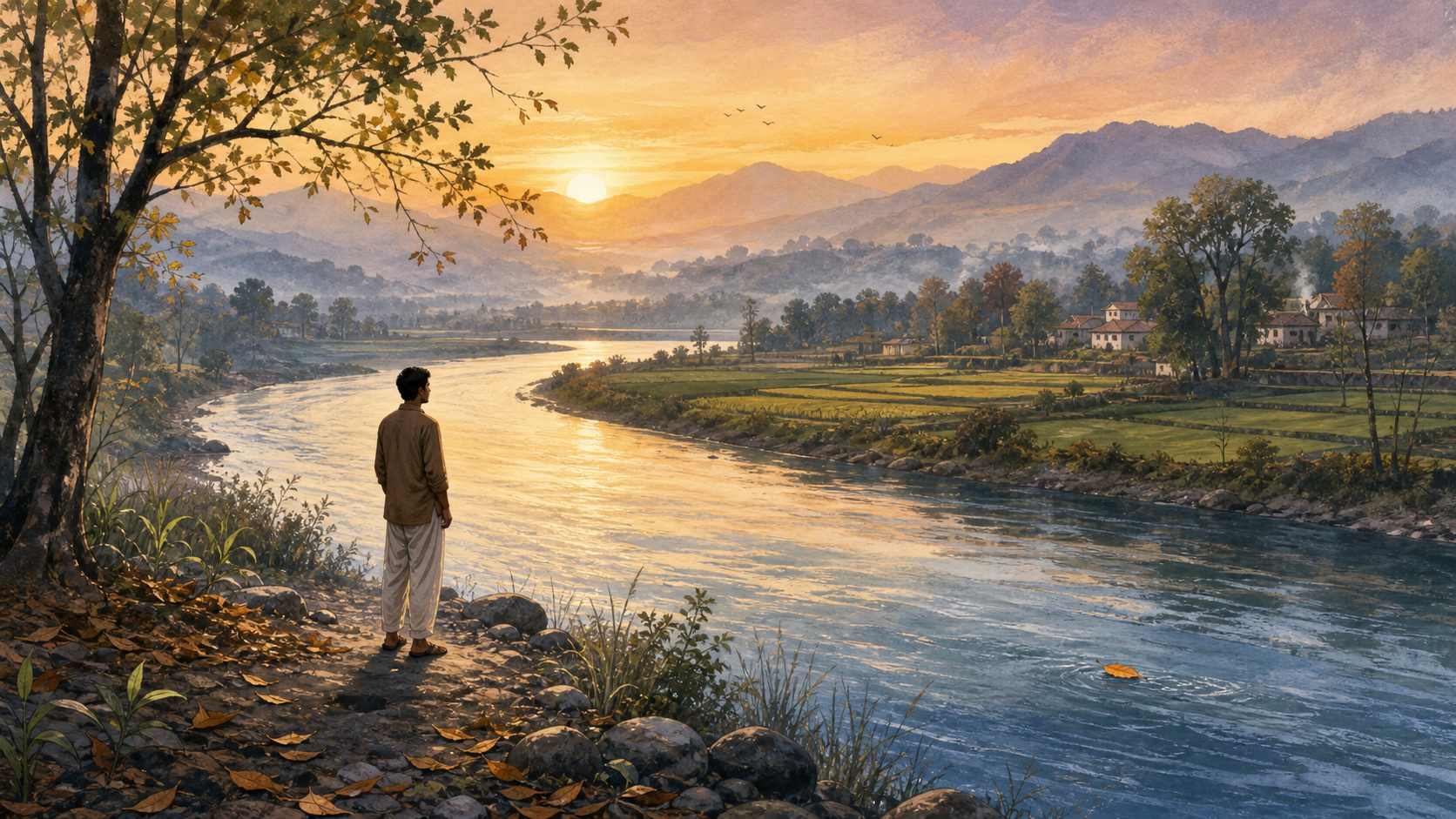 A person stands beside a curving river at dawn as an amber leaf floats downstream through a landscape of fields, trees, homes, and distant mountains.