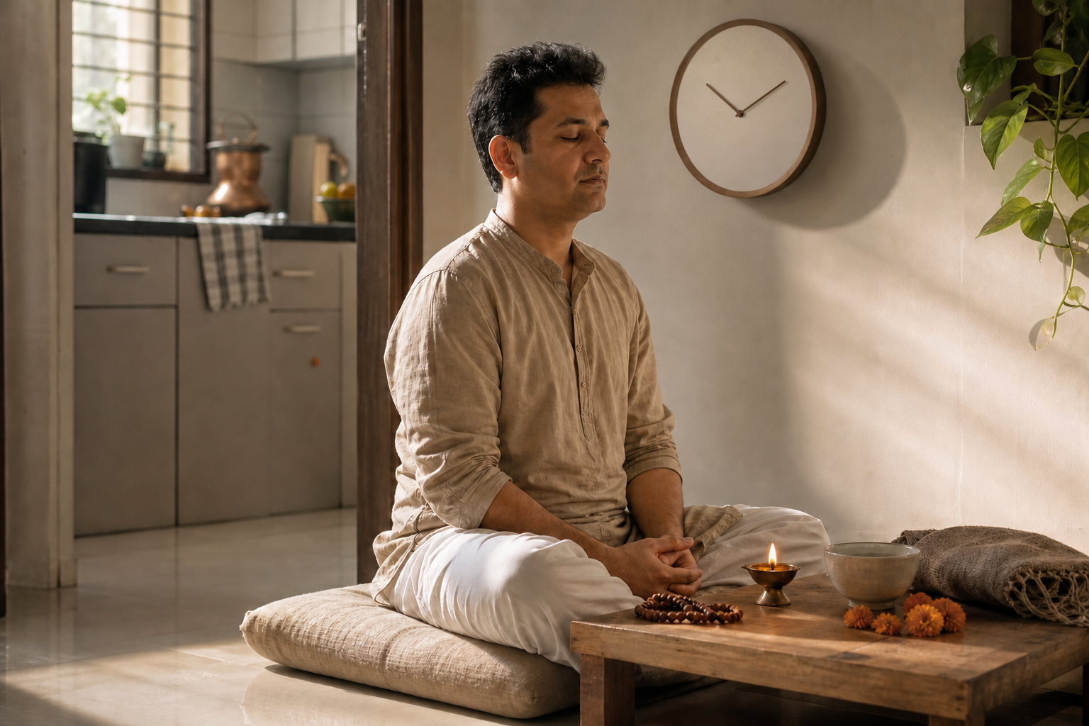 An adult sits on a cushion in a simple morning practice space with a small lamp, prayer beads, a bowl of water and a folded shawl nearby.