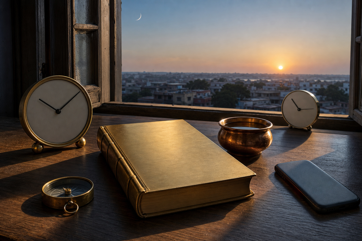 A closed almanac, two numeral-free clocks, a compass, a copper bowl, and a face-down phone sit near a window at winter sunrise.