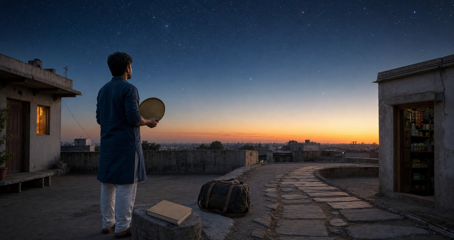 A person on a terrace holds a brass celestial instrument while observing stars above a path leading to everyday activities.
