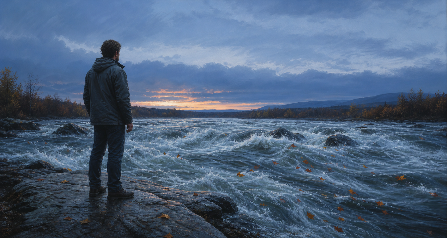 An adult stands on a riverbank watching turbulent water and drifting leaves beneath a calm twilight sky.