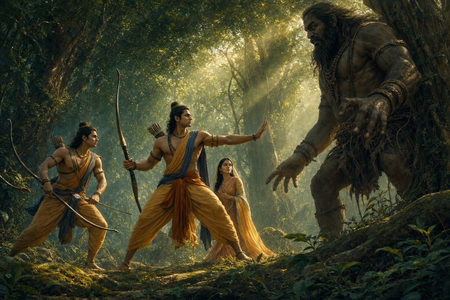 Rama and Lakshmana take protective positions between Sita and the towering Viradha in a dense forest.
