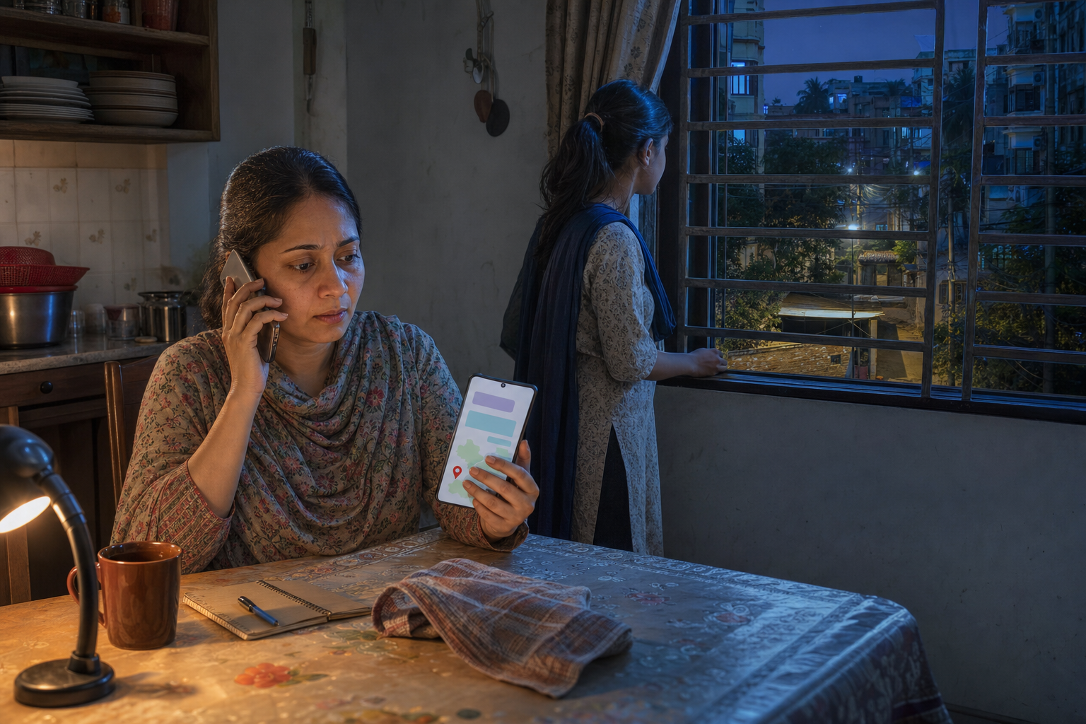 Two family members verify a phone alert by calling a local contact and comparing the location with their neighbourhood.