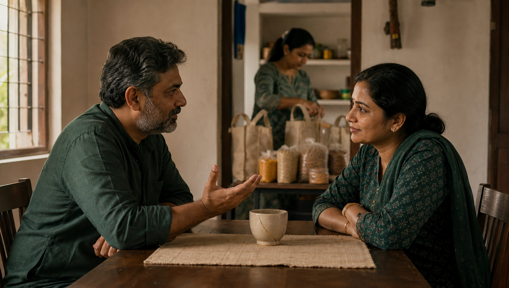 Two adults speak attentively across a dining table with a repaired ceramic cup between them while another person packs food into reusable bags in the background.
