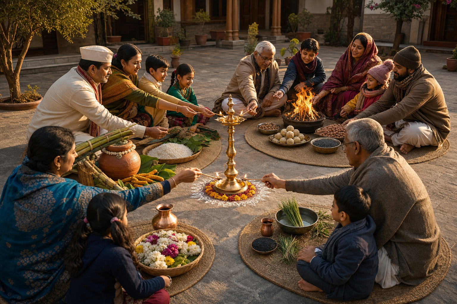 Several families prepare separate harvest, bonfire, river-offering, and remembrance observances around a shared brass lamp in a community courtyard.