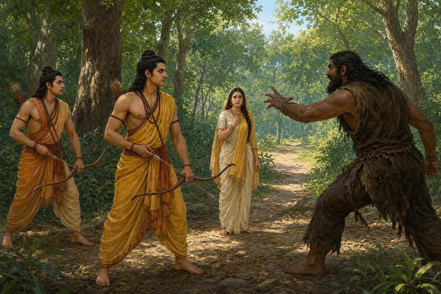 Rama pauses with an arrow nocked while Lakshmana guards Sita and both assess Viradha's threatening movement and the open forest path.