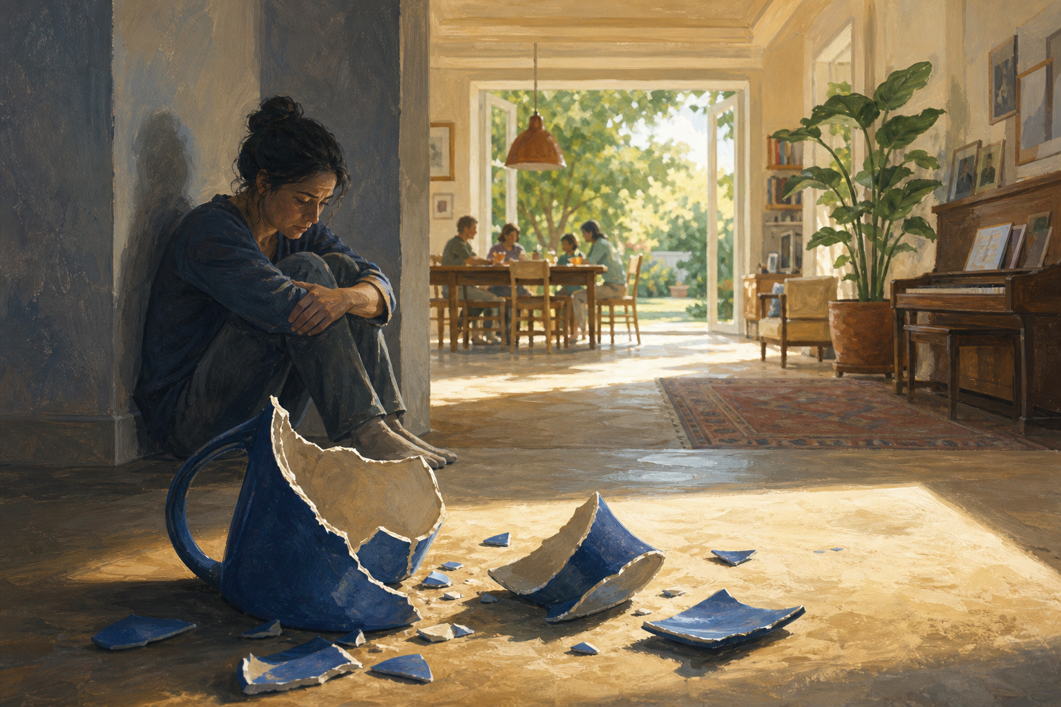 A distressed adult looks at pieces of a broken blue cup in the foreground while a larger room and bright garden remain visible behind them.
