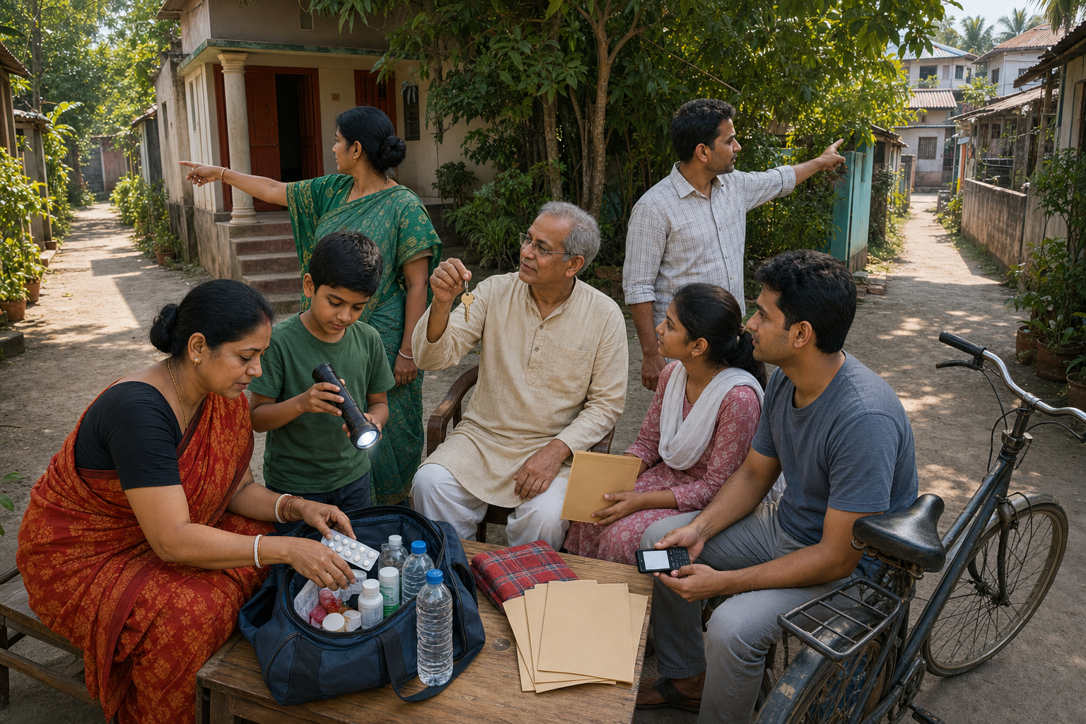 Family members and neighbours organize supplies, phones, keys, and escape routes in a Bangladeshi courtyard.