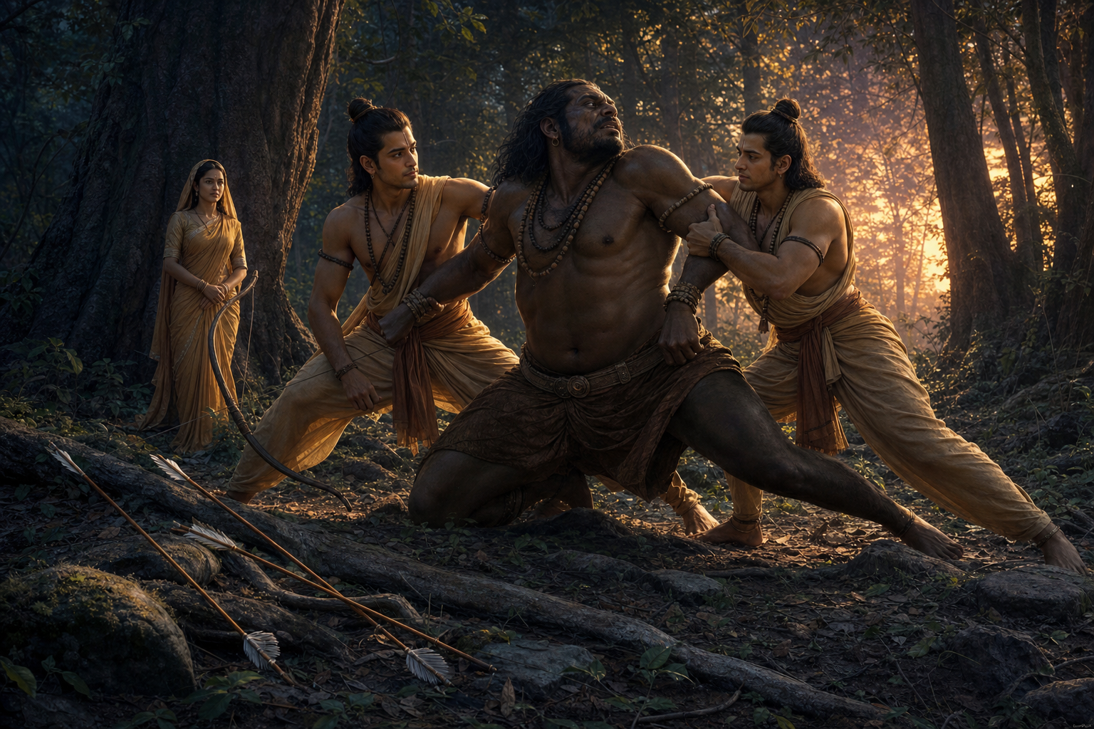 Deflected arrows lie on the forest floor as Rama and Lakshmana lower their bows and coordinate a new way to restrain Viradha.
