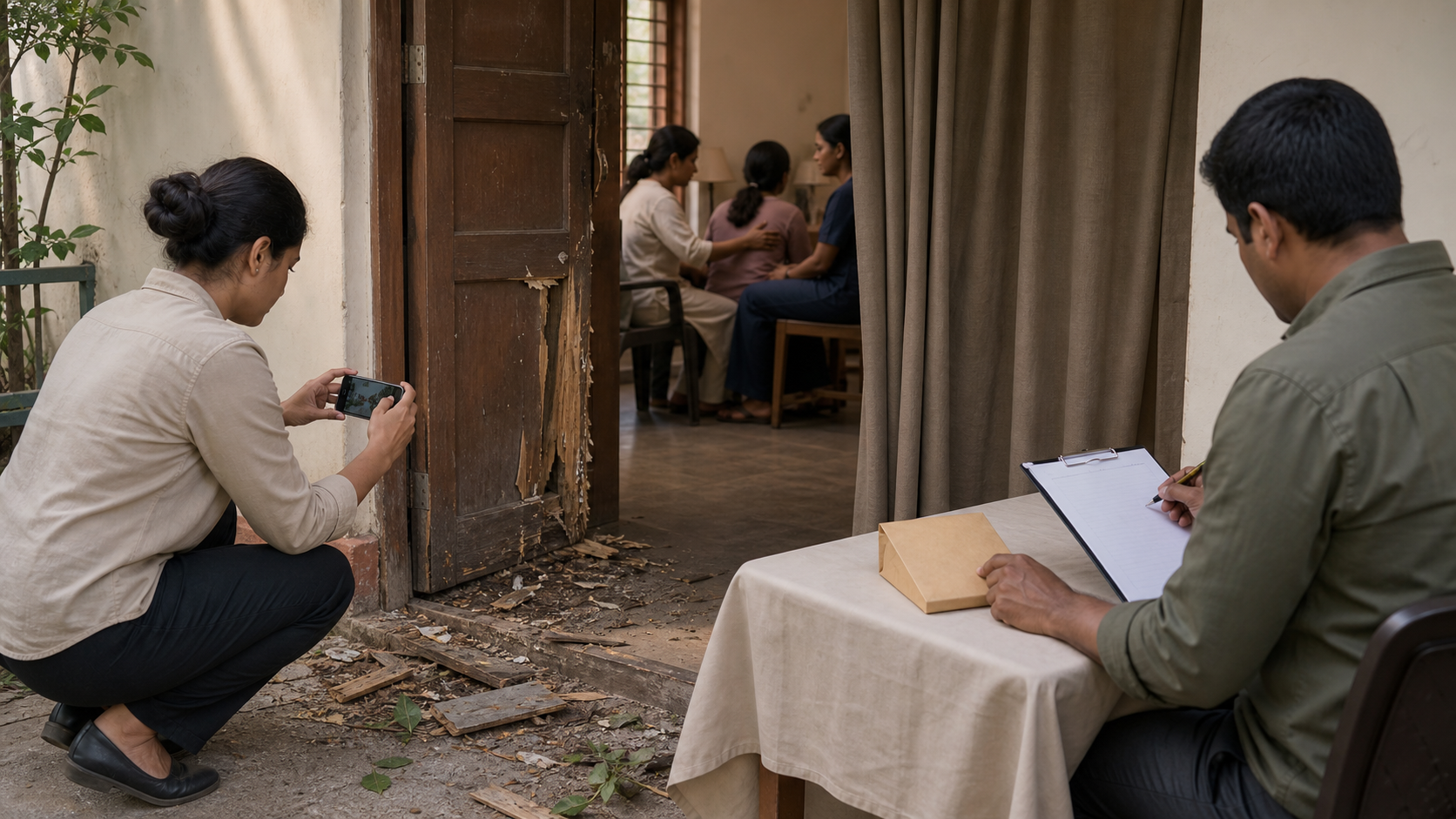 Community volunteers document a damaged doorway while a witness receives support in a private room.