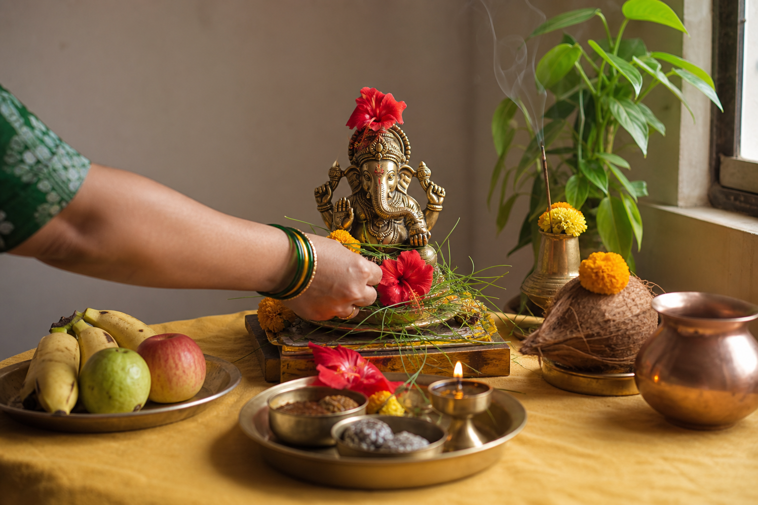 Hands place flowers at a home Ganesha altar arranged with a lamp, durva grass, fruit, and sesame sweets.