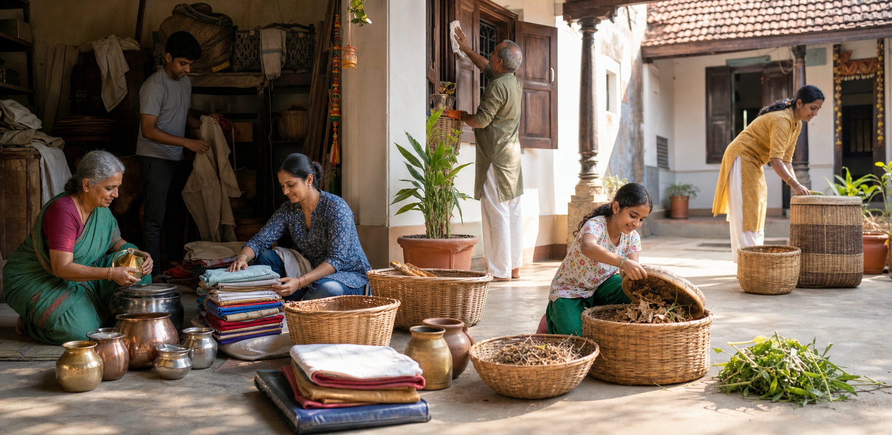 A family cleans a courtyard for Bhogi, sorting clothes for donation, household items for repair and dry leaves for compost instead of burning waste.