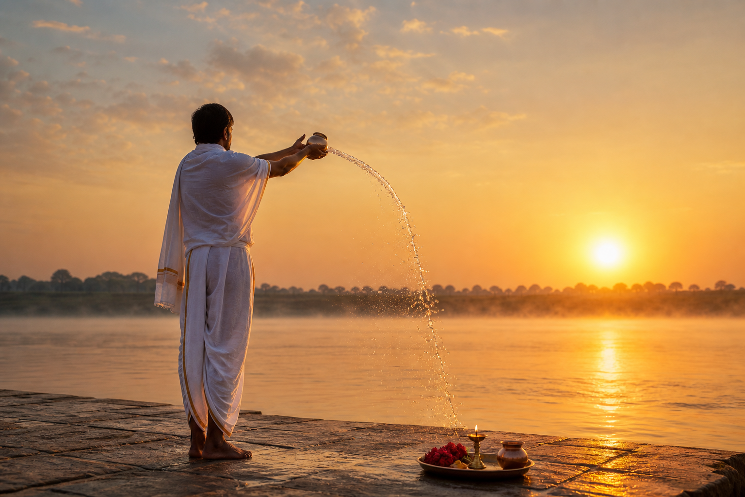 A devotee faces the rising sun and pours water from a copper vessel during a Ratha Saptami observance.