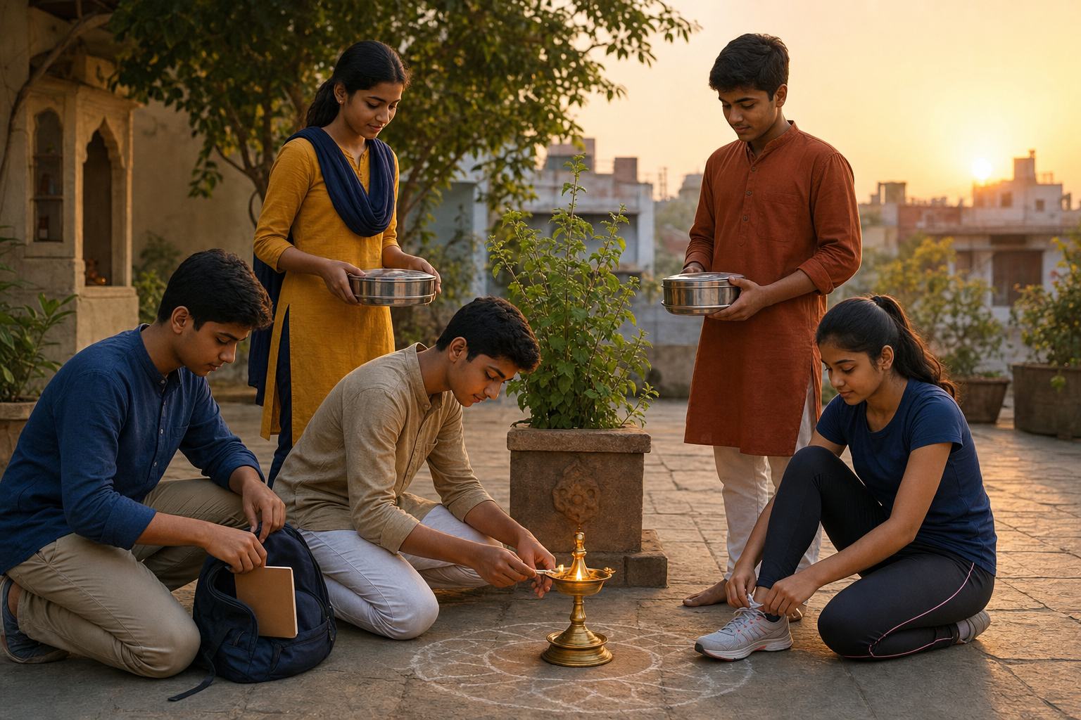 Indian teenagers prepare for prayer, study, exercise, and community food service in a courtyard at sunrise.