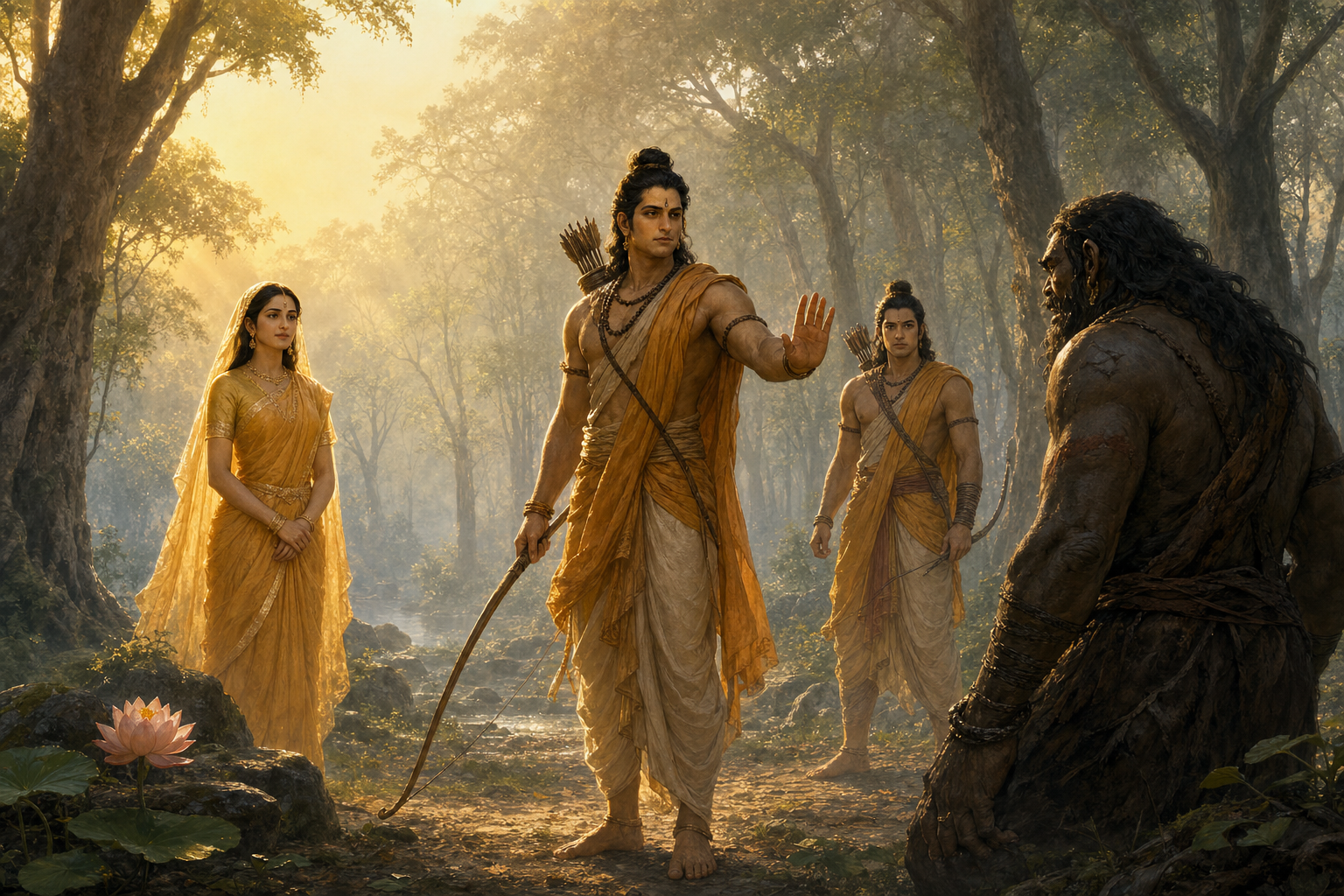 Rama stands protectively before Sita with his bow lowered and one hand open while Lakshmana watches the subdued Viradha.
