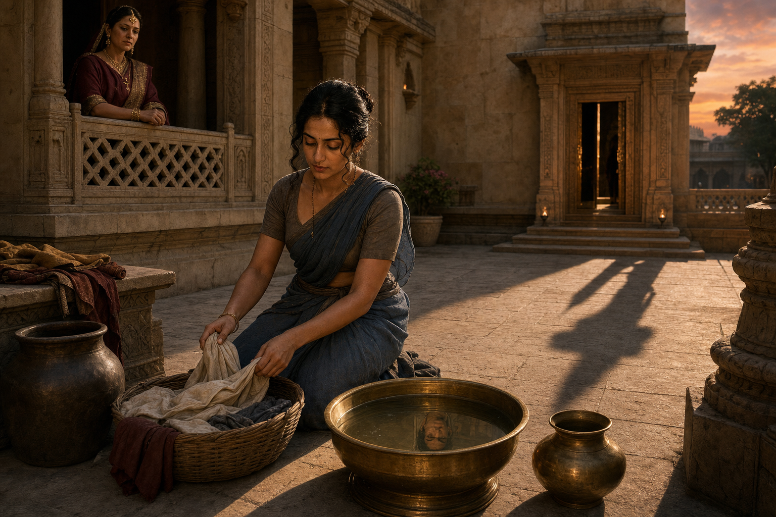 Draupadi stands in a palace courtyard surrounded by objects and shadows that suggest disguise, noble identity, recognition, and danger.