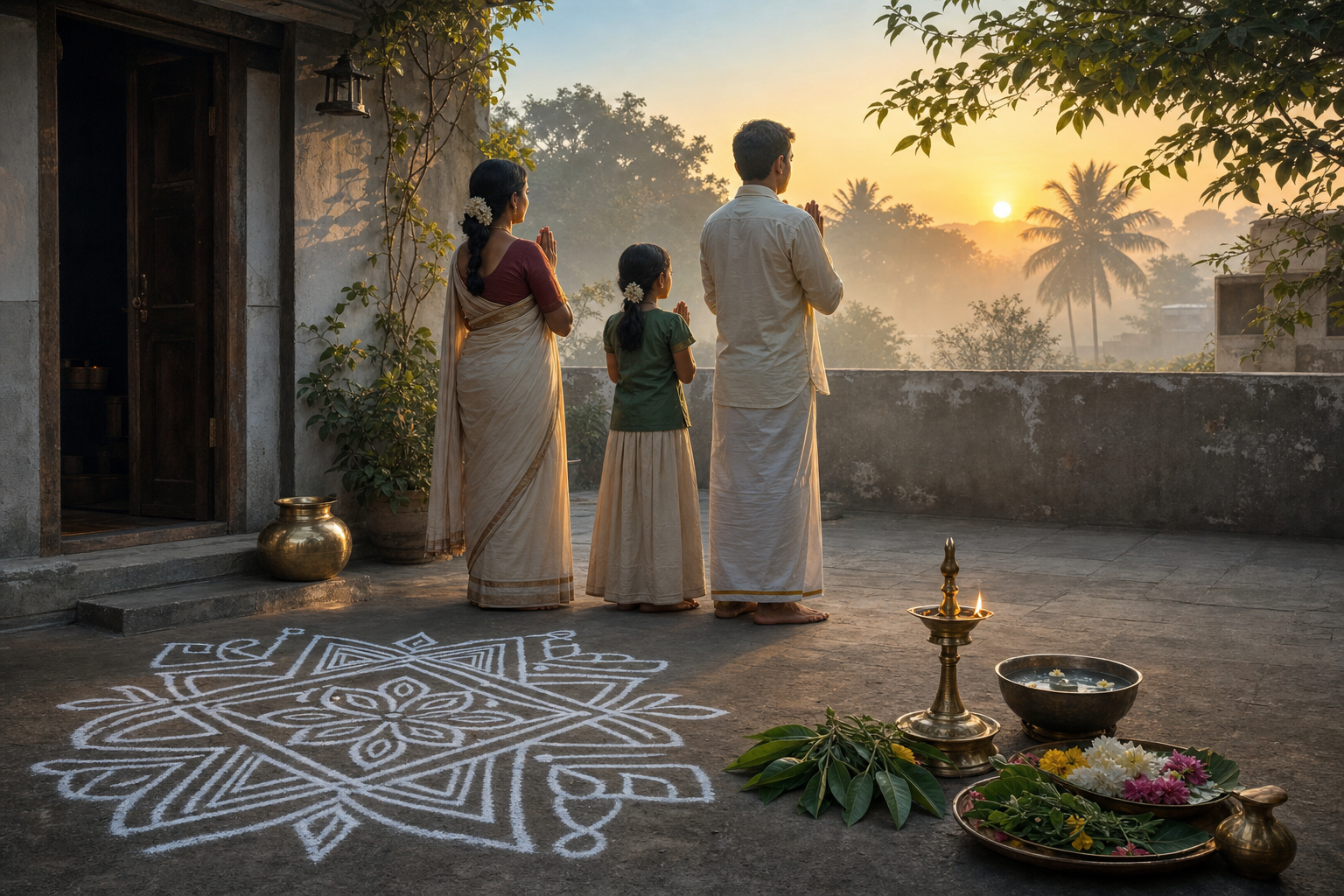 A family stands quietly in a courtyard at sunrise beside a brass lamp, seasonal offerings and a fresh rice-flour kolam.