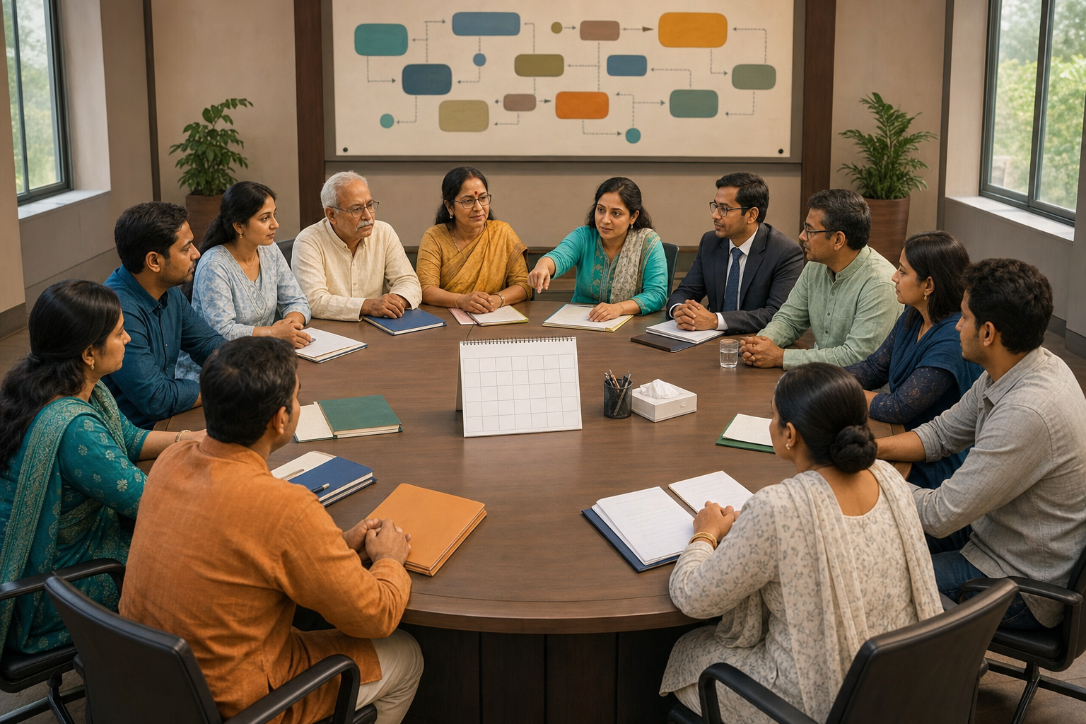 Community representatives, advocates, and residents review case folders and follow-up markers at a round-table meeting.