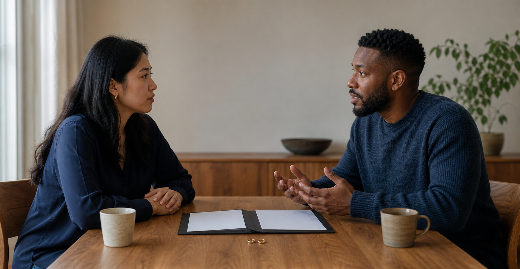 Two adult partners sit face-to-face at a table with an open document folder, two rings, and two cups between them.