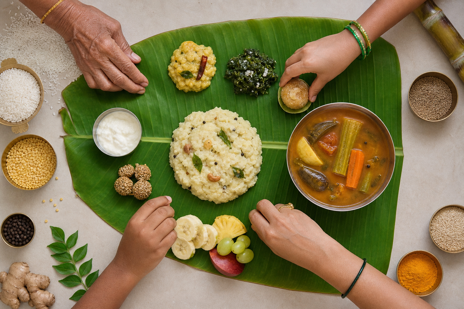 A balanced Pongal meal on banana leaves includes ven pongal, vegetables, lentils, greens, curd, fruit and a small serving of sweet pongal.