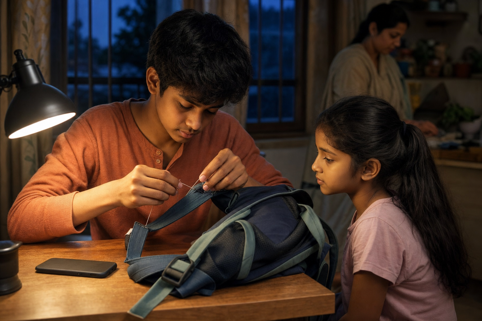 A teenager repairs a younger sibling's school bag while a smartphone rests face down on the desk.
