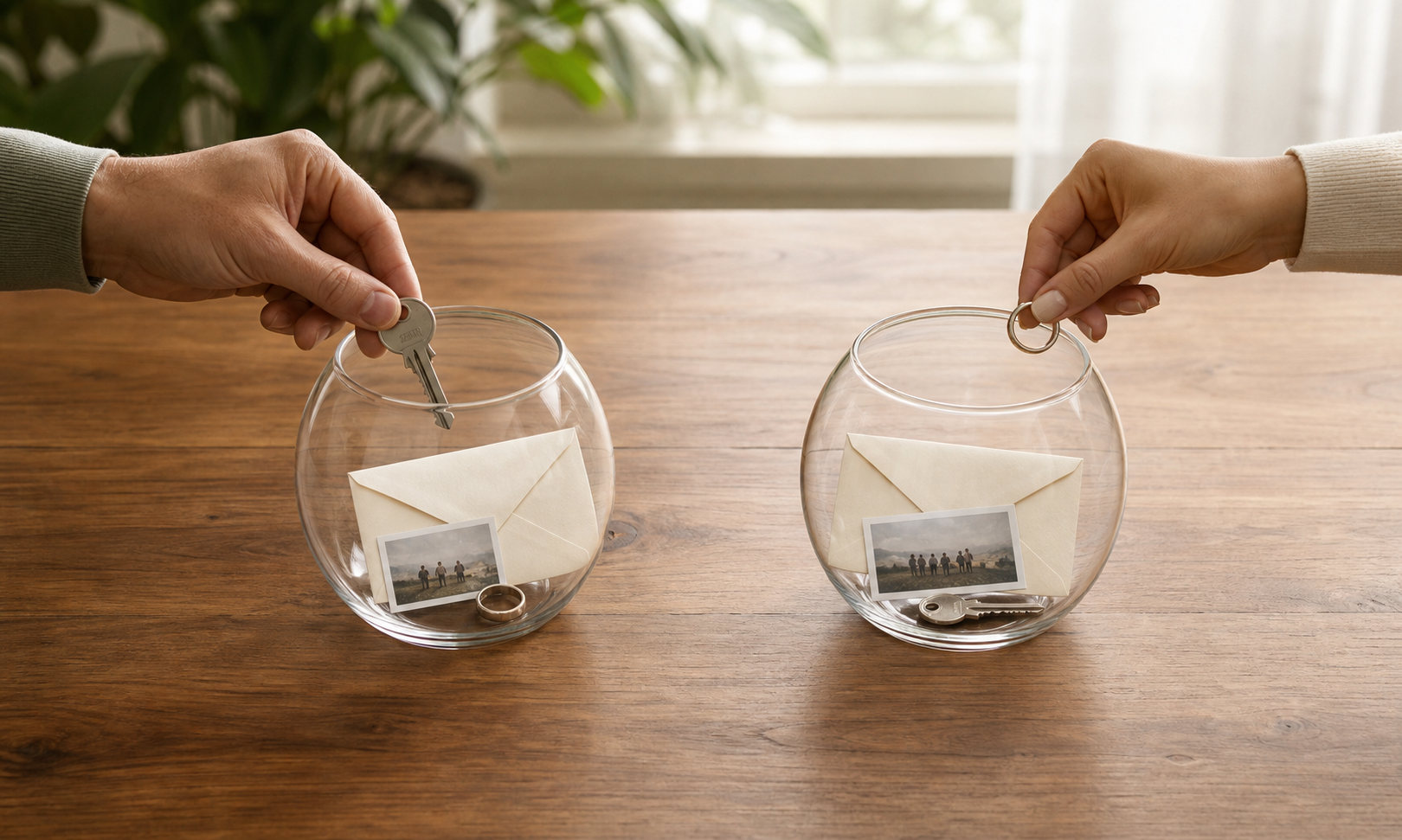 Two people place personal objects into transparent glass vessels on opposite sides of a balanced wooden surface.