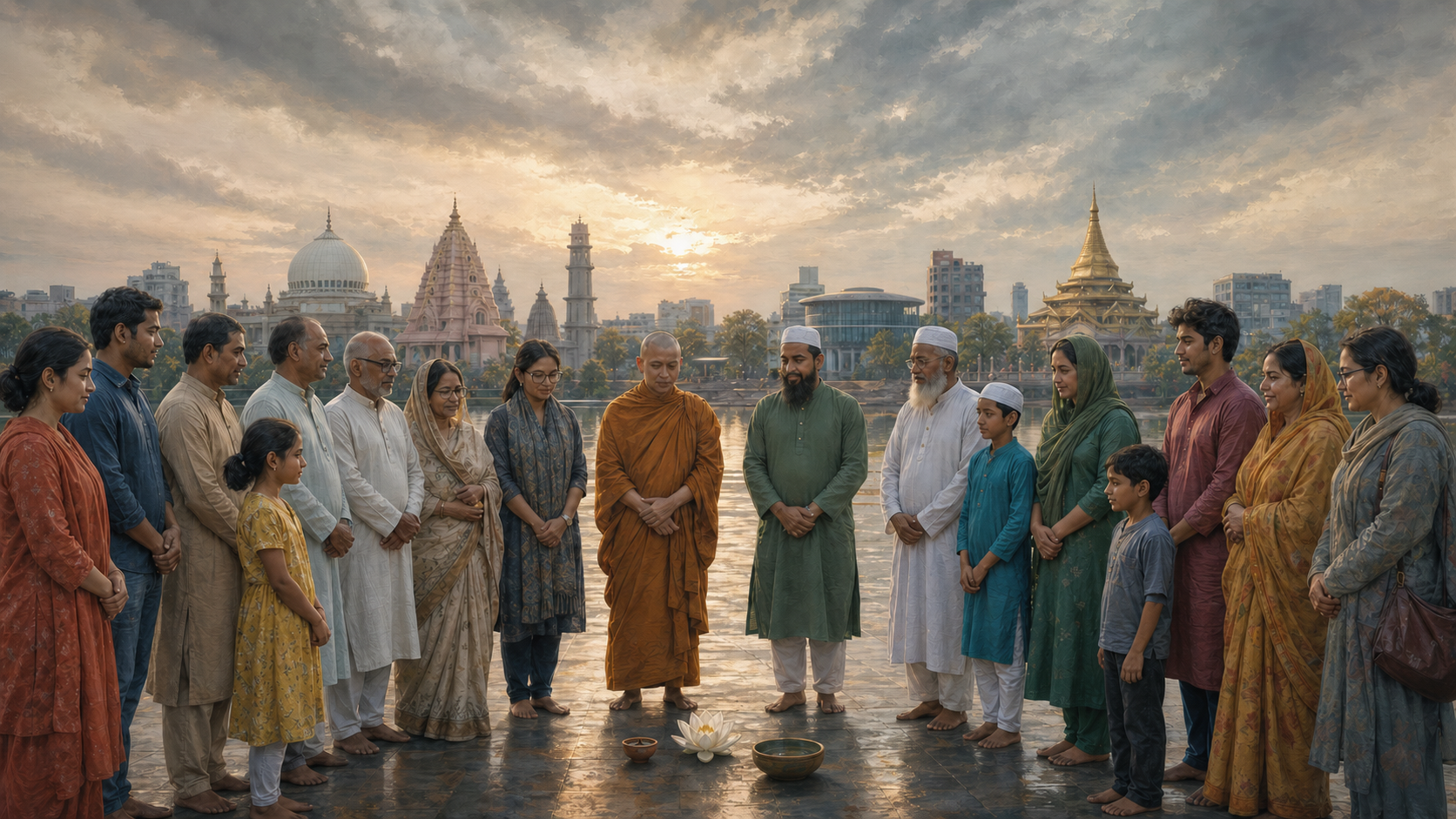 Bangladeshi Hindu, Buddhist, Muslim, and secular citizens stand together in a civic square with religious and government buildings in the distance.