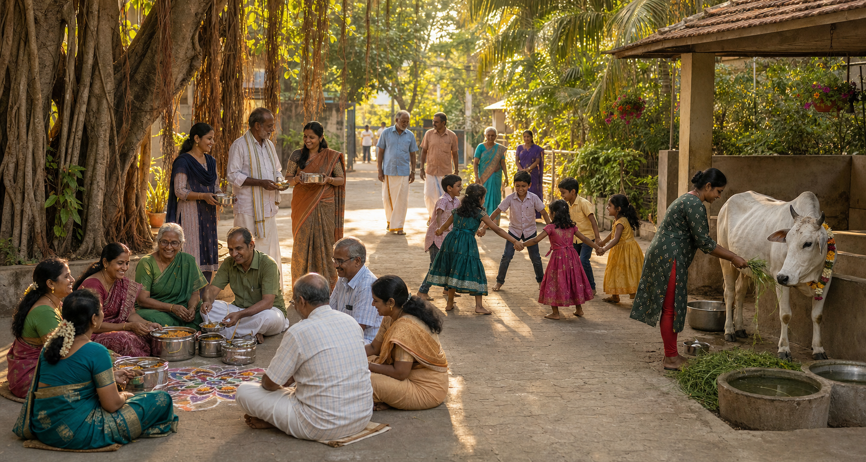 Neighbors share food and play outdoors during Sankranthi while a calmly sheltered cow receives water, fodder and gentle care.
