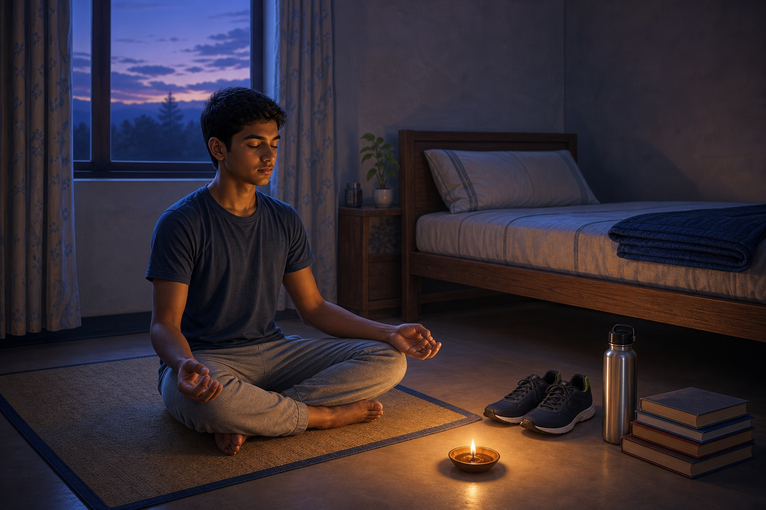 A teenager meditates before dawn beside neatly arranged running shoes, a water bottle, and schoolbooks.