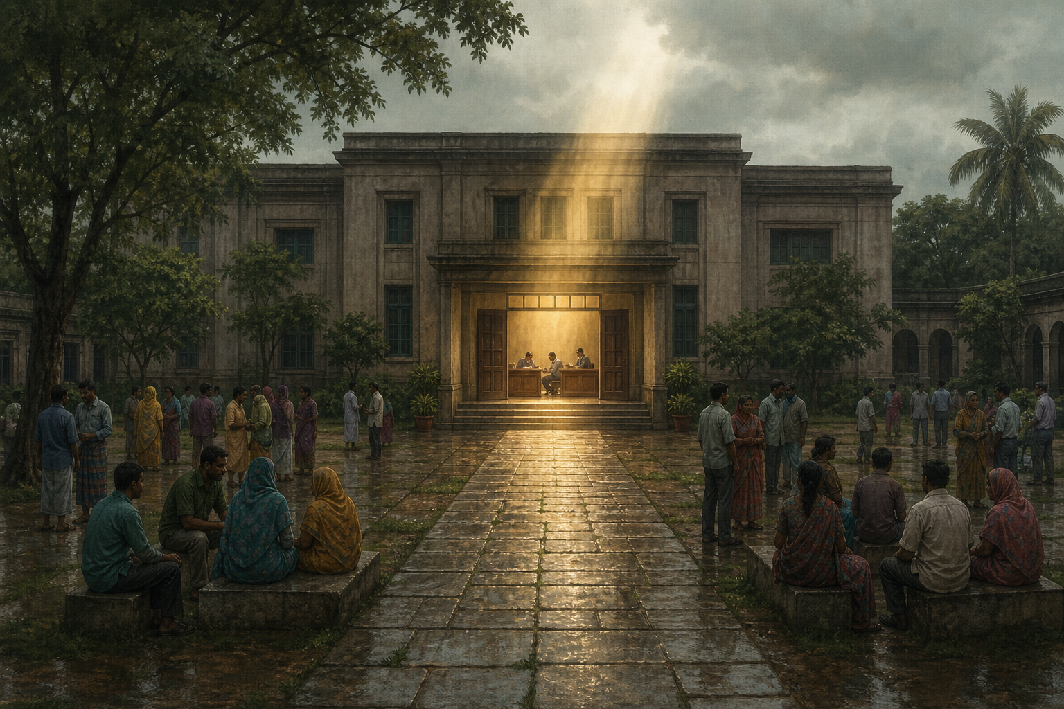 A diverse group of citizens faces a government building while a beam of light highlights the officials and institutional entrance.