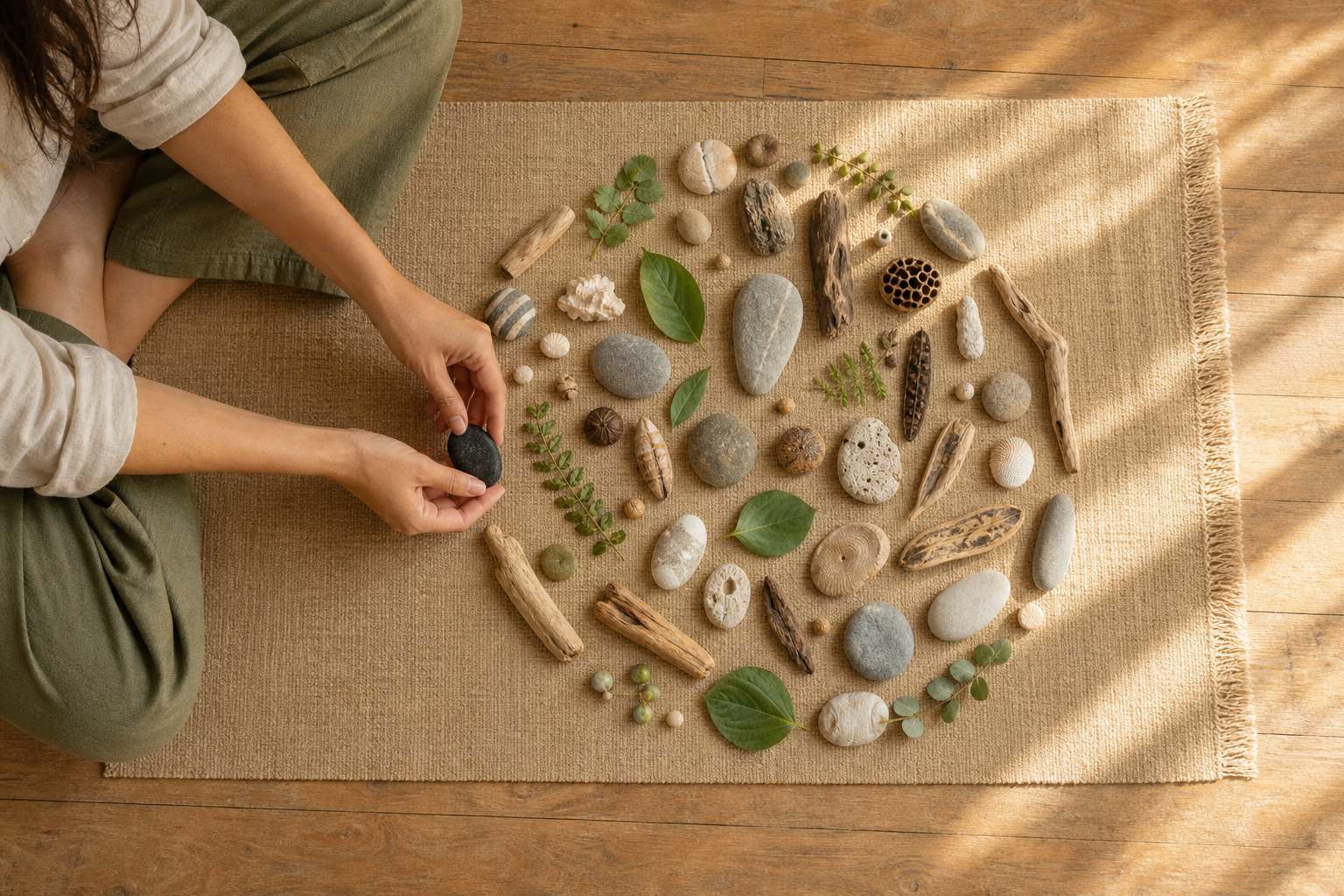 Open hands place one dark stone among many stones, seeds, shells, leaves, and pieces of wood arranged in a large circle on a woven mat.