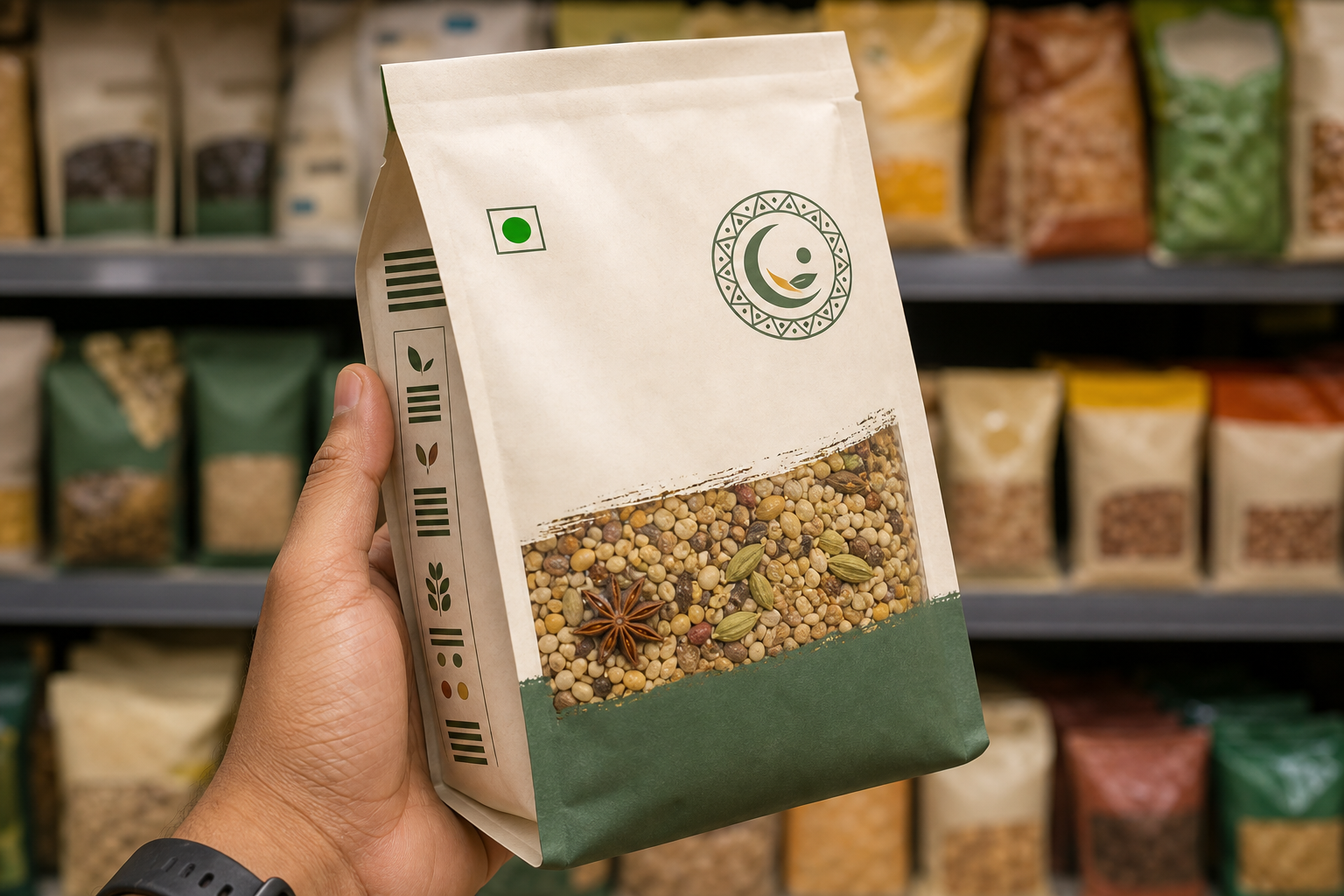 A shopper holds a fictional food packet with separate green and crescent-style markers in a softly blurred grocery aisle.
