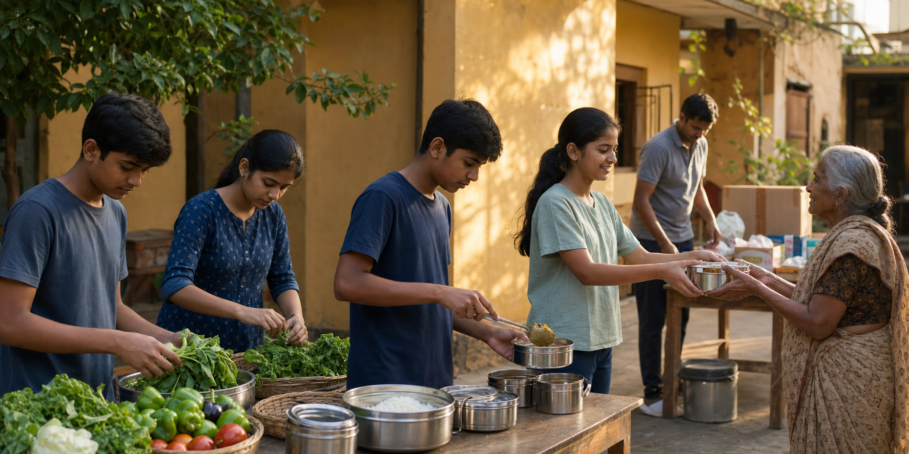 Teen volunteers prepare reusable meal containers and respectfully give food to an older neighbor in a courtyard.