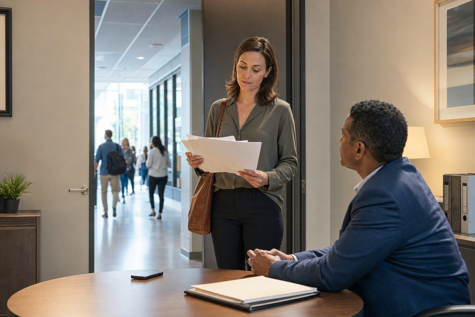 An adult reviews unmarked documents with an adviser in a consultation room beside an open doorway.